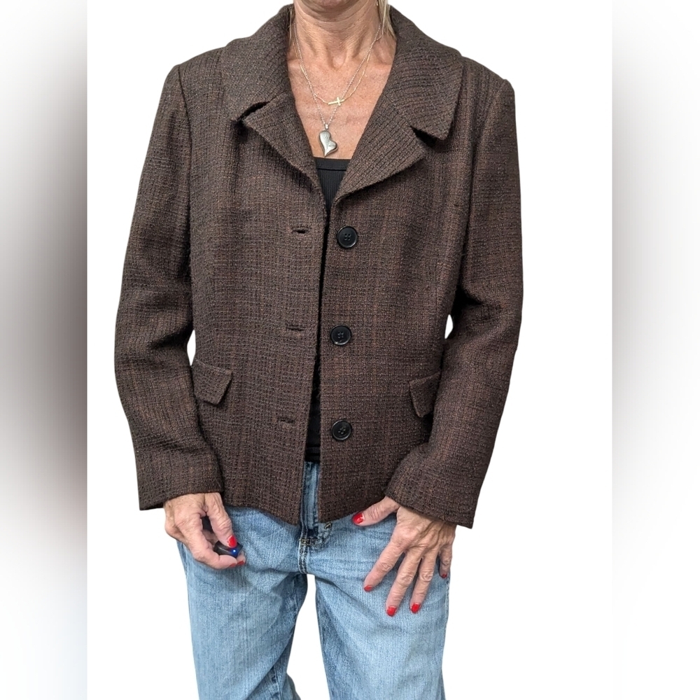 Lafayette 148 New York 12 Virgin Wool Blend Brown Tweed Blazer Jacket